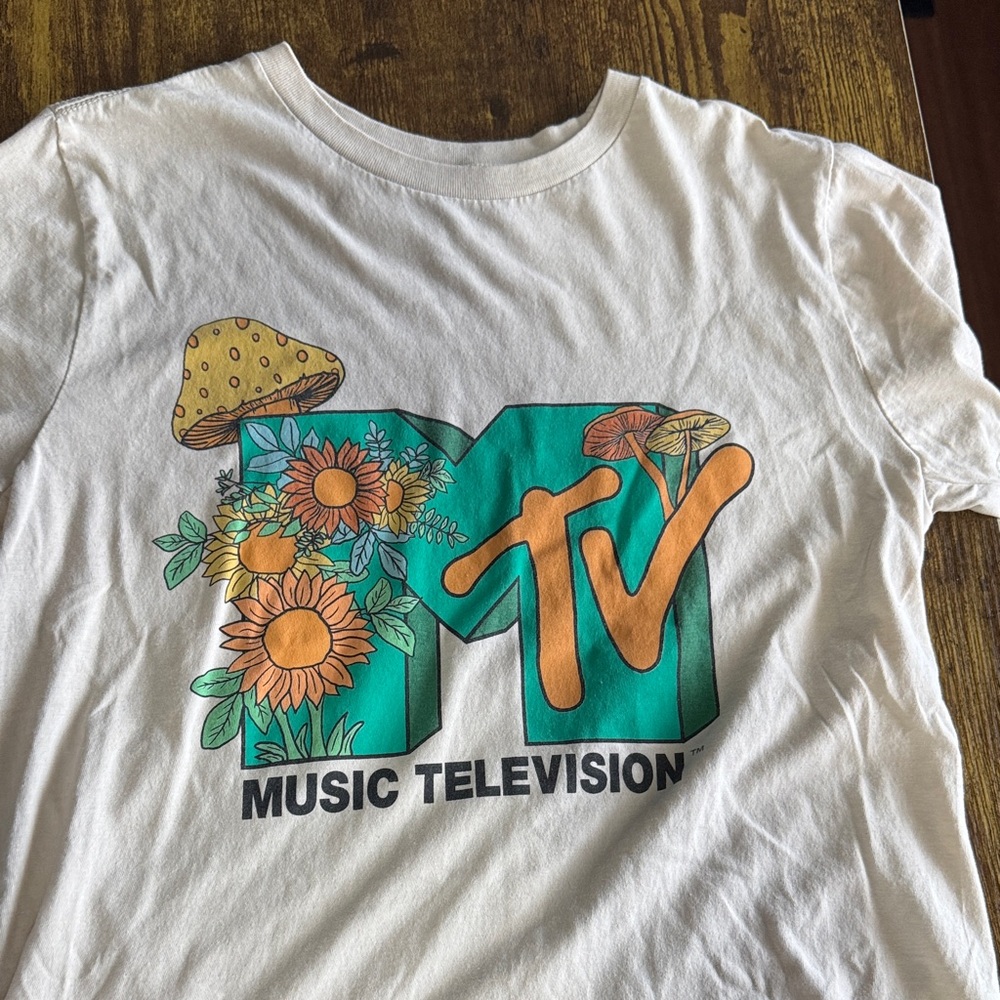 MTV White Tee with Green and Orange Graphic